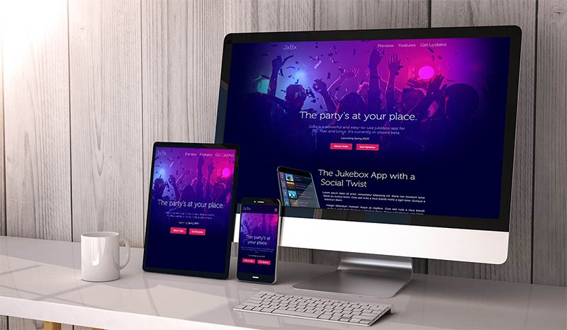 Renderings of the JxBx website on several different devices.